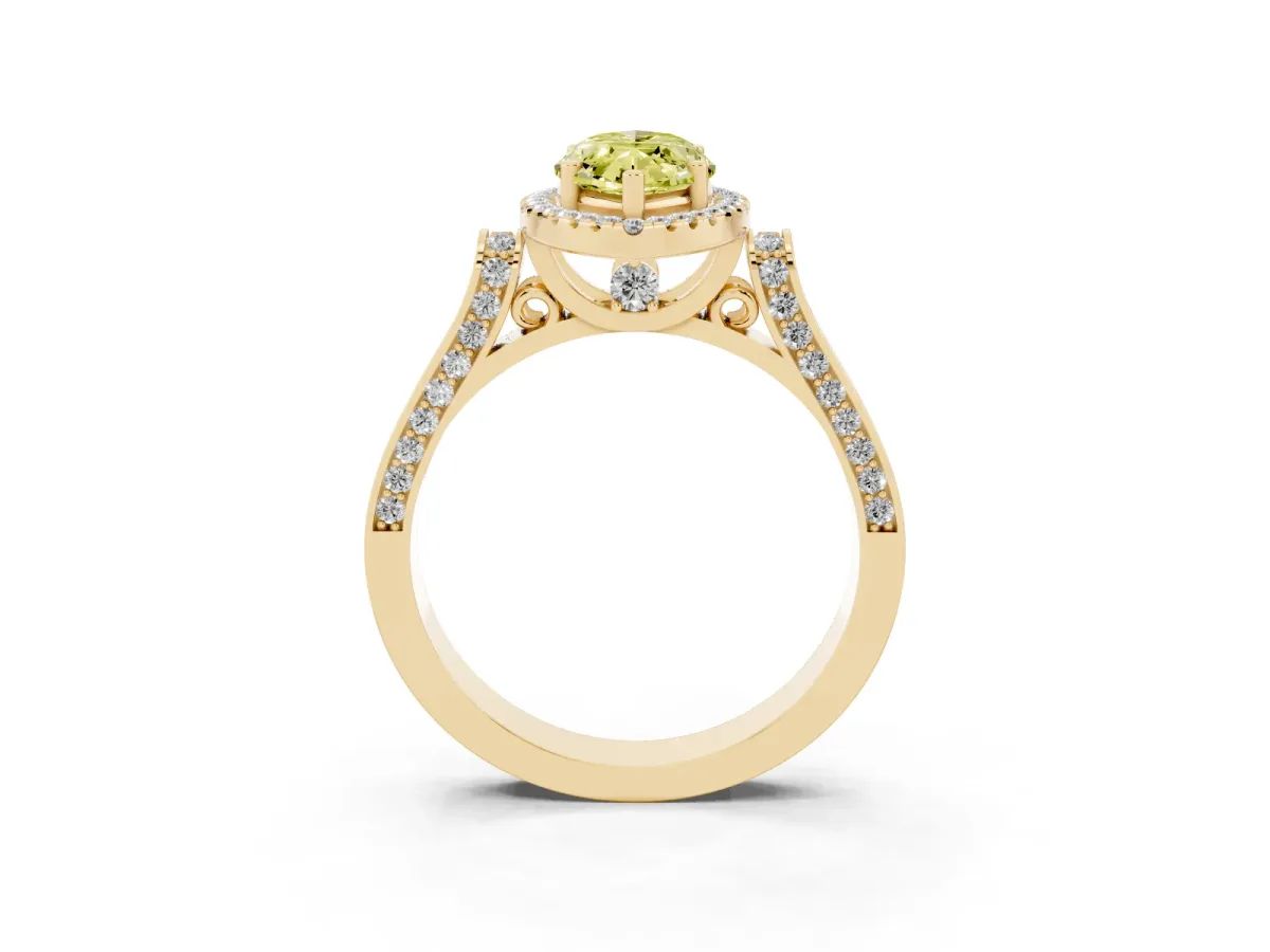 Fancy Yellow Marquise Cut Halo Round Diamond Twist Band with Four-Prong Setting Yellow gold