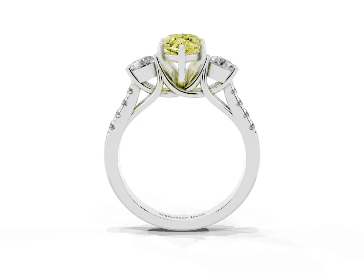 Fancy Yellow Three-Stone Marquise Cut Diamond Pavé Band with Four-Prong Setting Silver