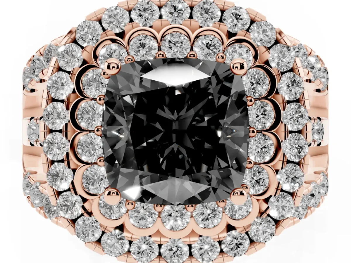 Fancy Black Cushion Cut Diamond Double Halo Ring with Round Pavé Split Shank and Prong Setting Rose gold