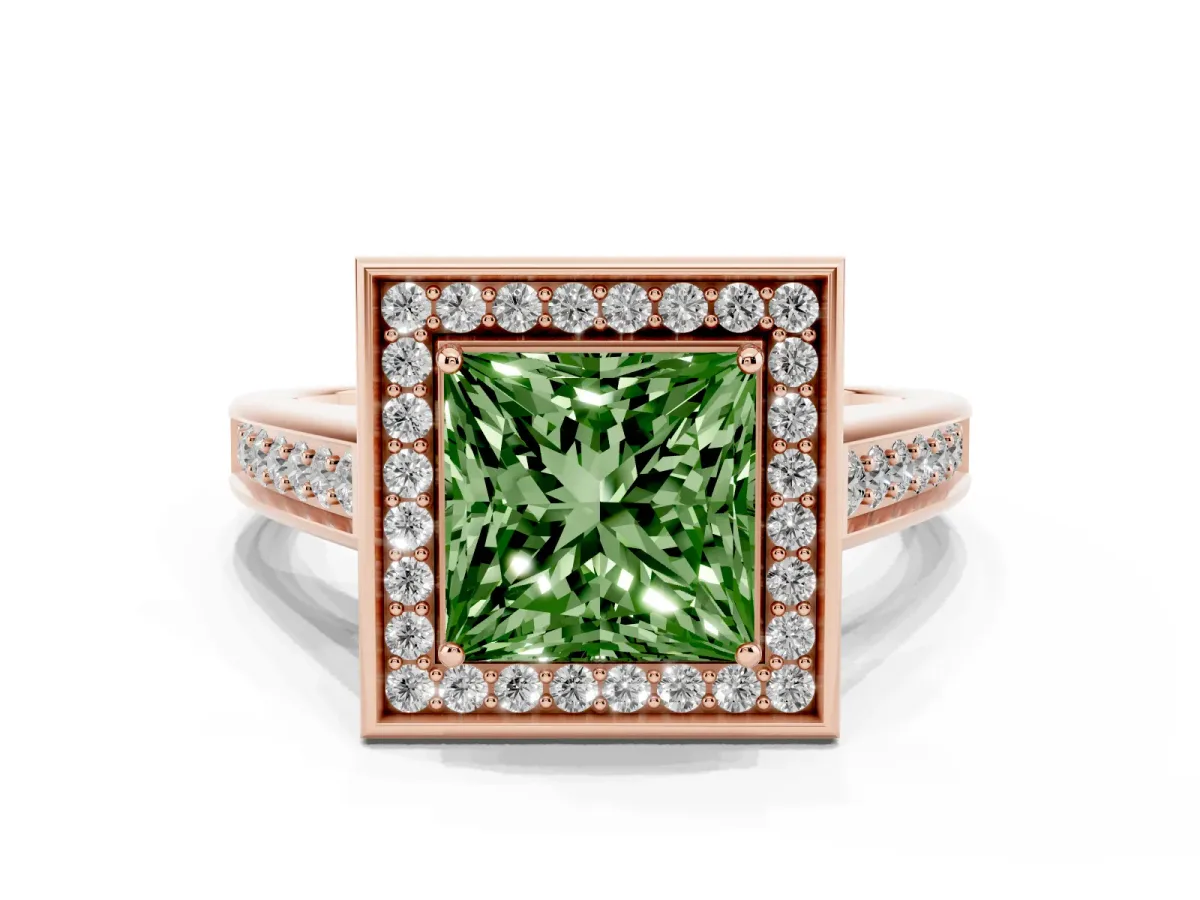 Fancy Green Princess Cut Halo Solitaire Diamond Ring with Pave Band and Bezel Setting Rose gold