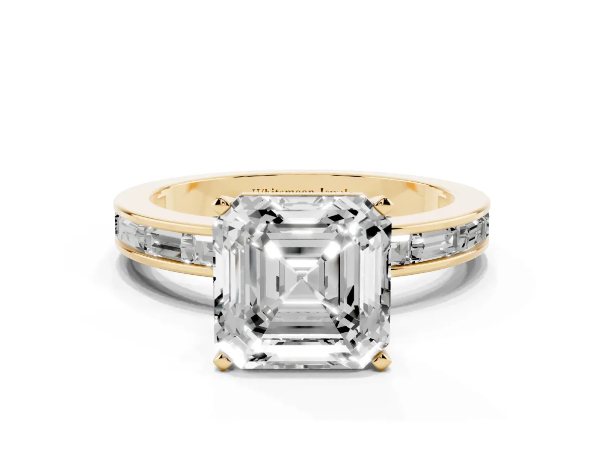 Asscher Cut Solitaire Diamond Ring with Channel-Set Baguette Band and Four-Prong Setting Yellow gold
