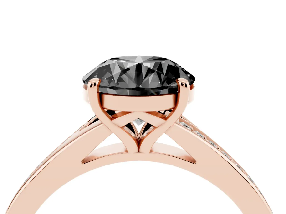 Fancy Black Round Cut Diamond Solitaire Ring with Pavé Band and Prong Setting Rose gold