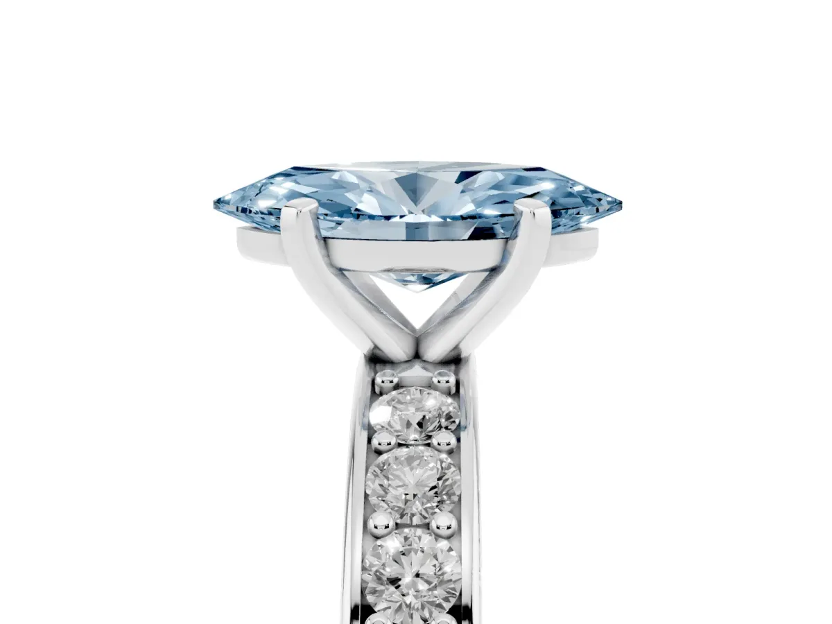 Fancy Blue Marquise Cut Diamond Engagement Ring with Channel Set Round Band and Prong Setting Platinum