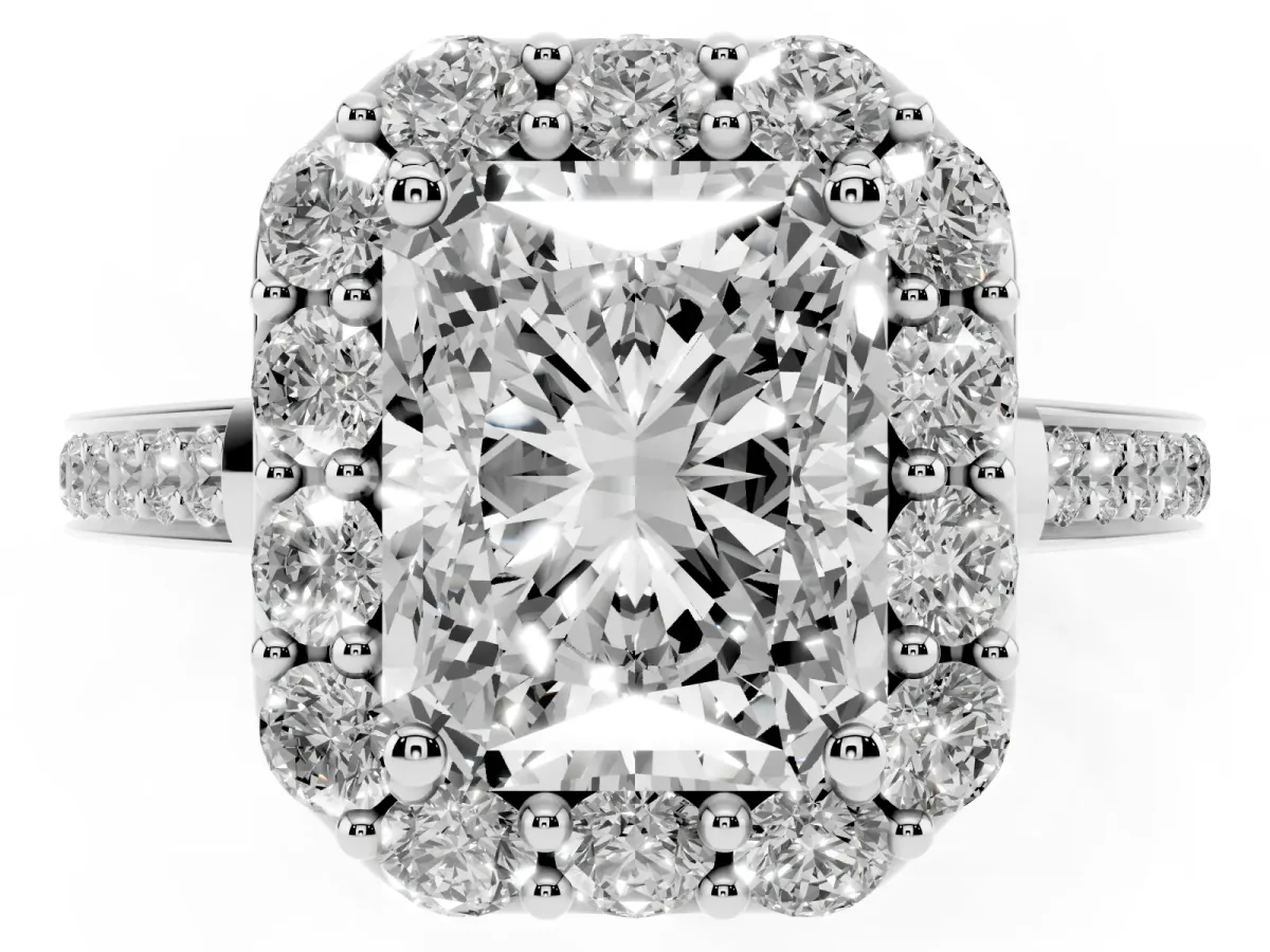 Radiant Cut Diamond Floral Halo Ring with Pavé Band and Prong Setting Silver
