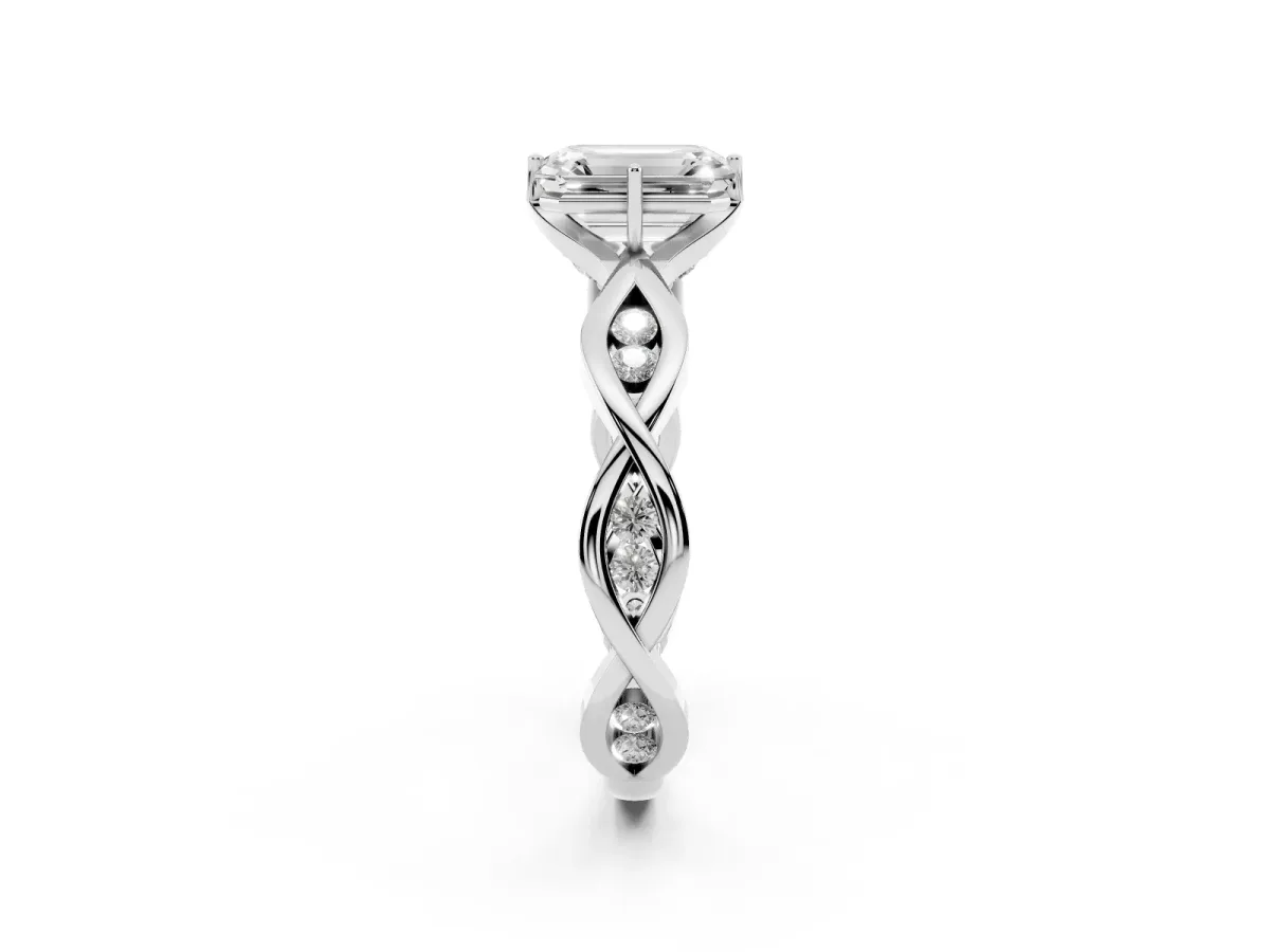 Emerald Cut Solitaire Twist Band with Leaf Prong Setting Silver
