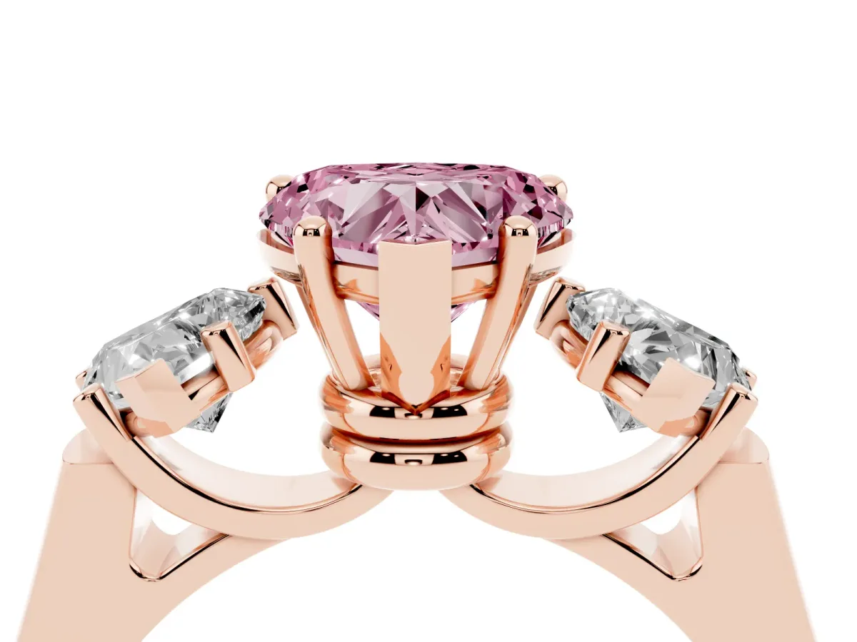 Fancy Pink Three-Stone Heart Cut Brilliant Diamond Trellis Ring with Comfort Fit Band Rose gold