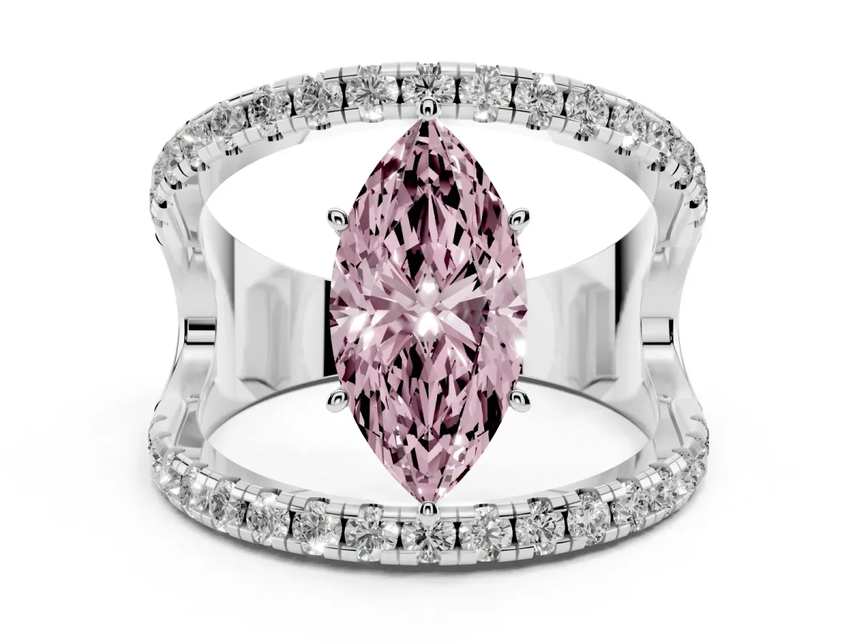 Fancy Pink Marquise Cut Solitaire Split Shank Pave Diamond Ring Silver