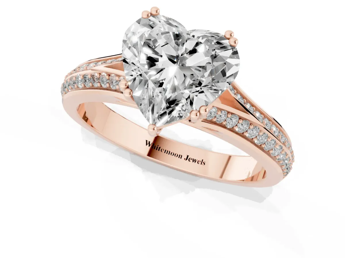 Heart Cut Diamond Split Shank Engagement Ring with Pavé Band Rose gold