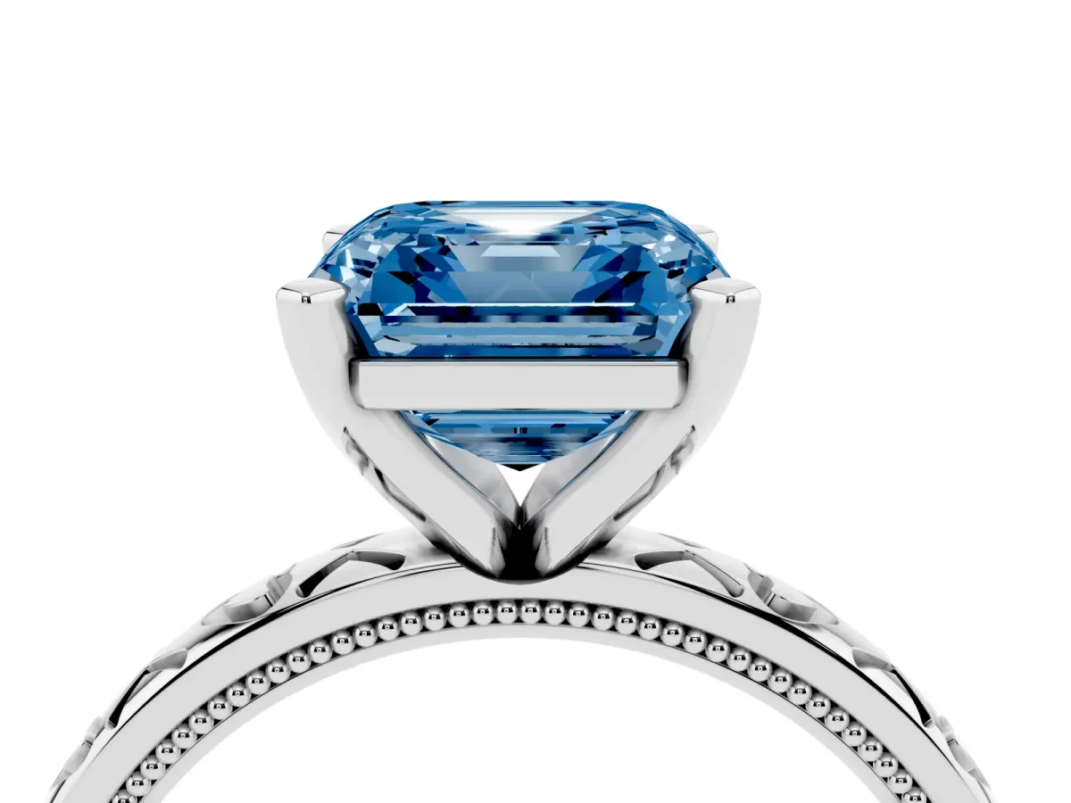 Fancy Blue Asscher Cut Solitaire Diamond Engagement Ring with XO Engraved Band and Four-Prong Setting Silver