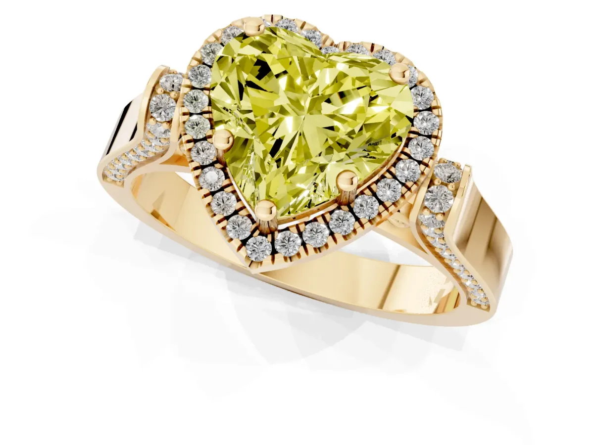 Fancy Yellow Heart Cut Halo Round Diamond Twist Band with Four-Prong Setting Yellow gold