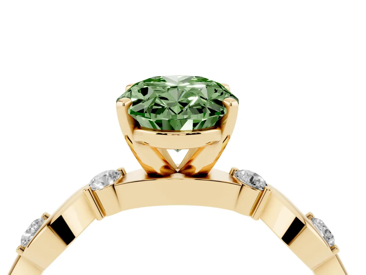 Fancy Green Oval Cut Diamond Solitaire Twisted Band with Round Accents and Prong Setting Yellow gold