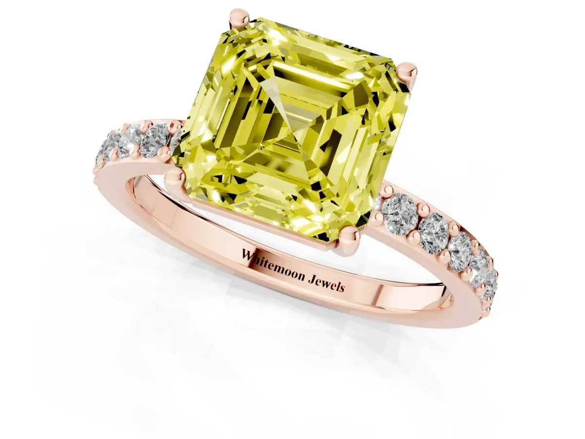 Fancy Yellow Asscher Cut Cut Diamond Solitaire with Pave Band and Four-Prong Setting Rose gold