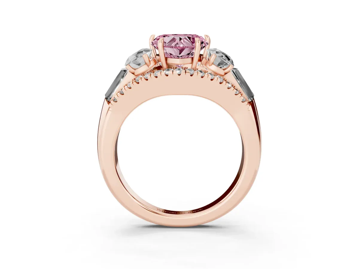 Fancy Pink Three-Stone Heart Cut Diamond Engagement Ring with Pave Band and Prong Setting Rose gold
