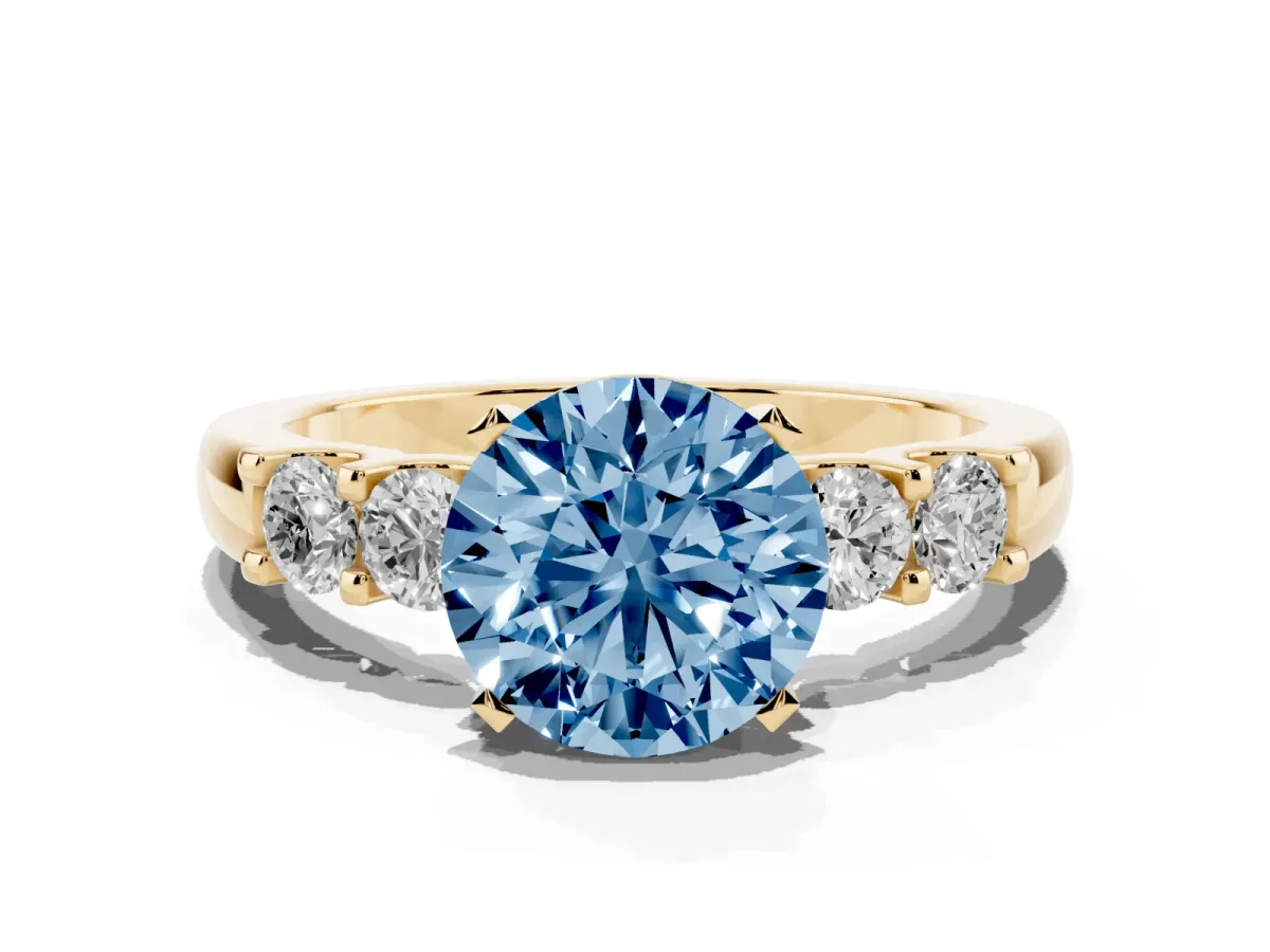 Fancy Blue Round Cut Brilliant Cut Diamond Five-Stone Prong Set Engagement Ring with Channel Band Yellow gold