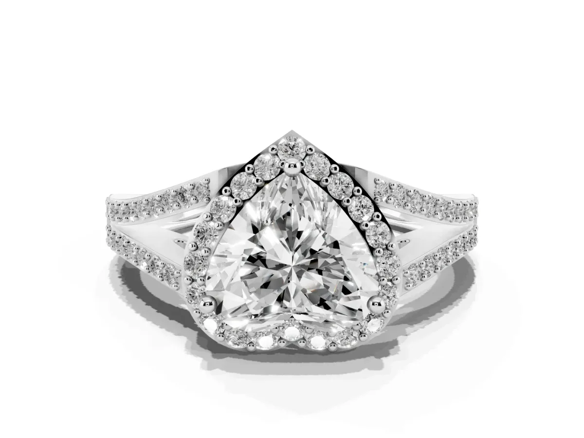 Heart Cut Halo Split Shank Diamond Ring with Prong Setting Silver