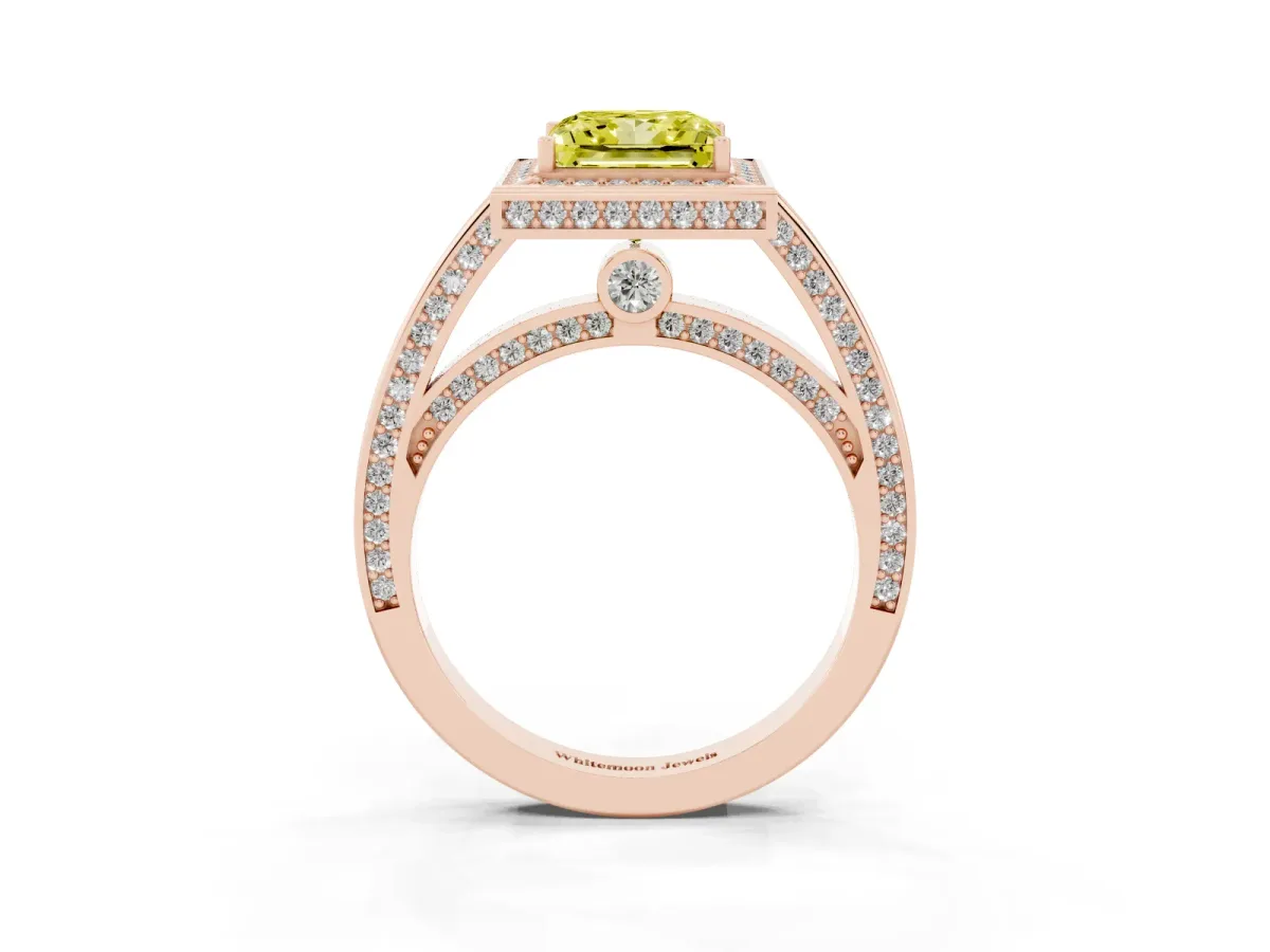 Fancy Yellow Princess Cut Cut Halo Pave Split Shank Prong Setting Ring Rose gold