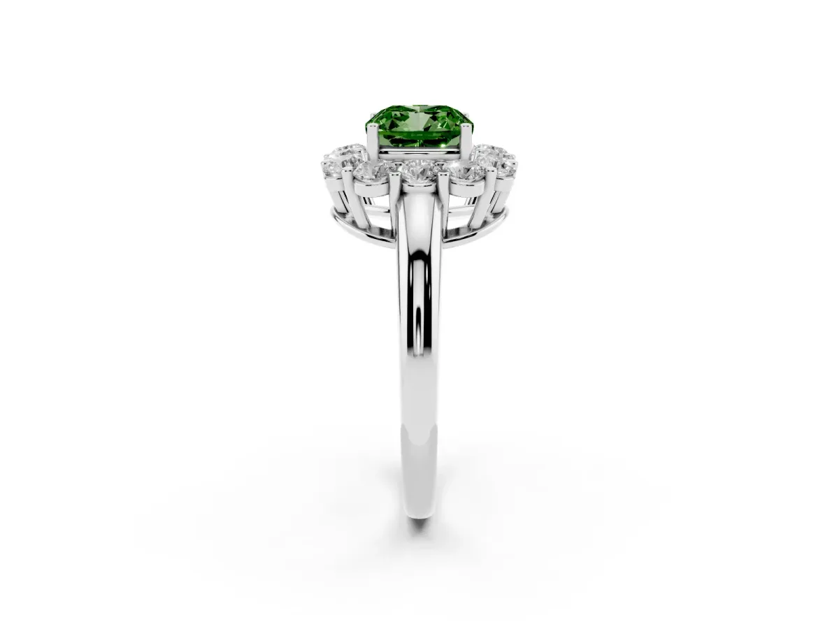 Fancy Green Cushion Cut Halo Cluster Diamond Engagement Ring with Prong Setting and Polished Band Silver