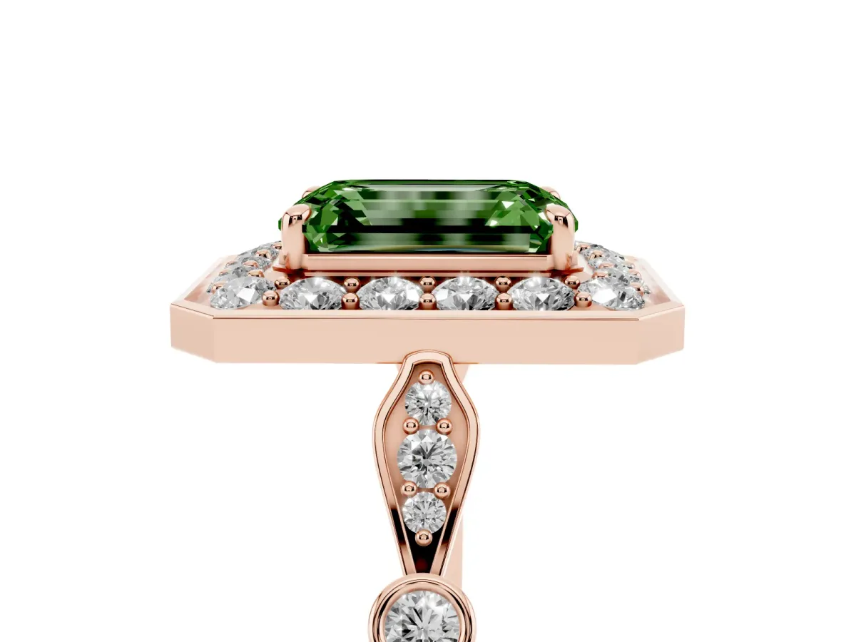 Fancy Green Emerald Cut Halo Diamond Engagement Ring with Twisted Band and Four-Prong Setting Rose gold