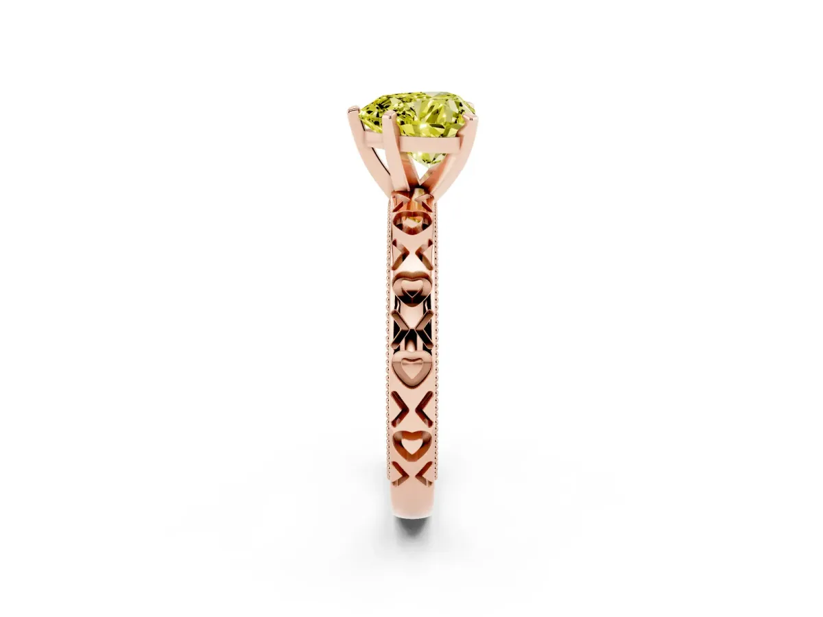 Fancy Yellow Heart Cut Solitaire Diamond Engagement Ring with XO Engraved Band and Four-Prong Setting Rose gold