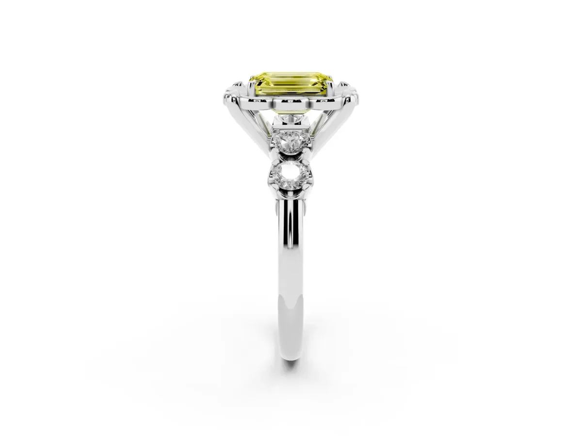 Fancy Yellow Emerald Cut Cut Diamond Floral Halo Engagement Ring with Shared Prong Setting Silver