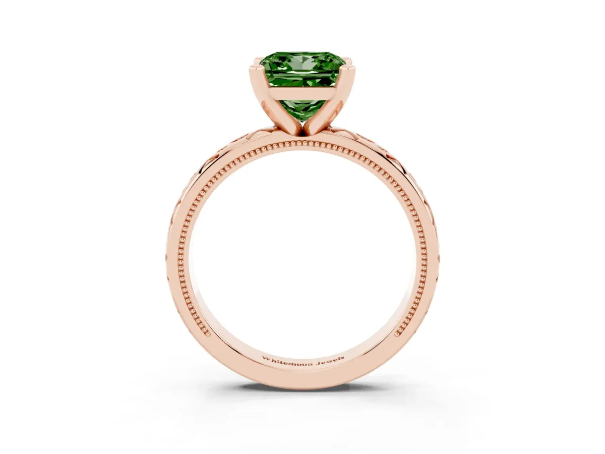 Fancy Green Princess Cut Solitaire Engagement Ring with Scrollwork Band and Four-Prong Setting Rose gold