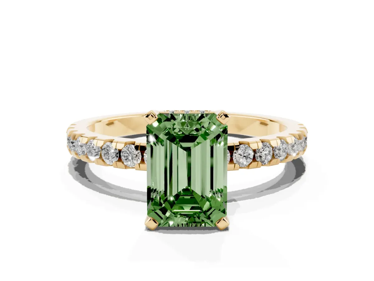 Fancy Green Emerald Cut Diamond Solitaire Ring with Round Pavé Band and Four-Prong Setting Yellow gold