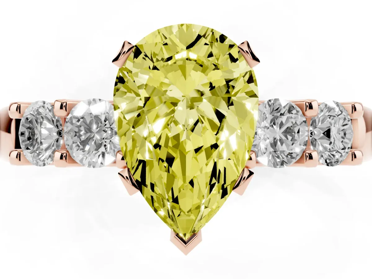 Fancy Yellow Pear Cut Brilliant Cut Diamond Five-Stone Prong Set Engagement Ring with Channel Band Rose gold