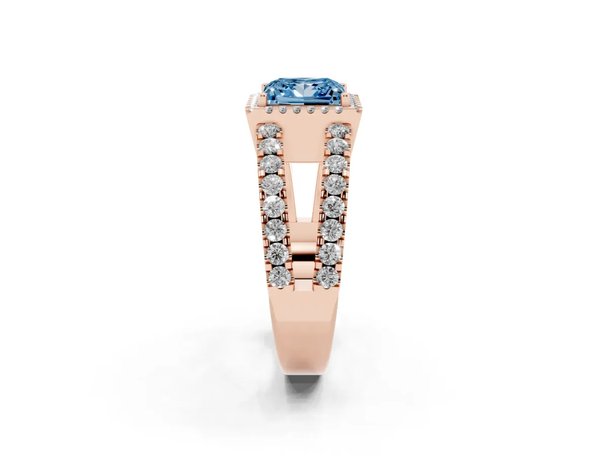 Fancy Blue Princess Cut Cut Halo Split Shank Diamond Ring with Four-Prong Setting Rose gold