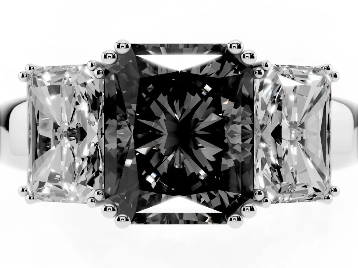 Fancy Black Three-Stone Radiant Cut Cut Diamond Ring with Channel Set Band and Four-Prong Setting Silver