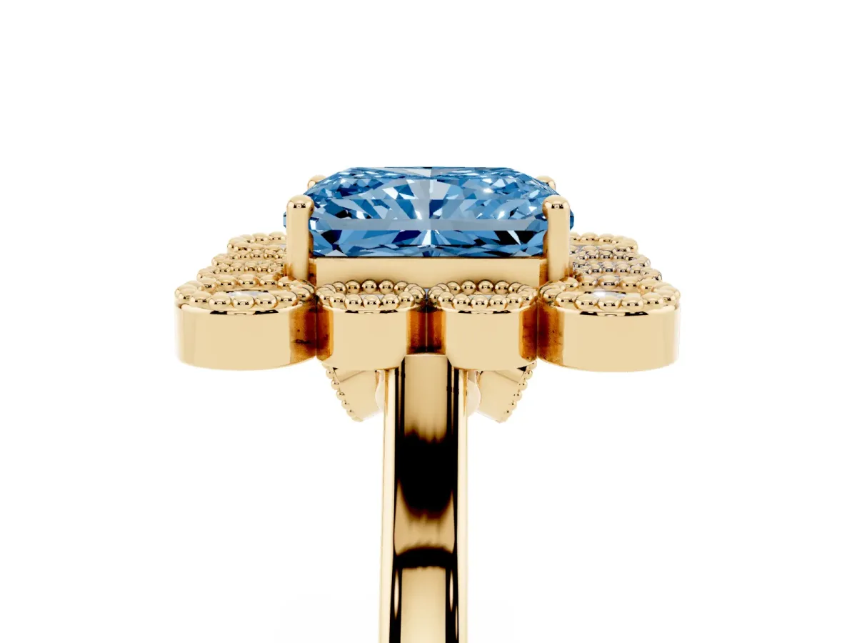 Fancy Blue Radiant Cut Halo Diamond Cluster Engagement Ring with Milgrain Bezel Setting and Solitaire Band Yellow gold