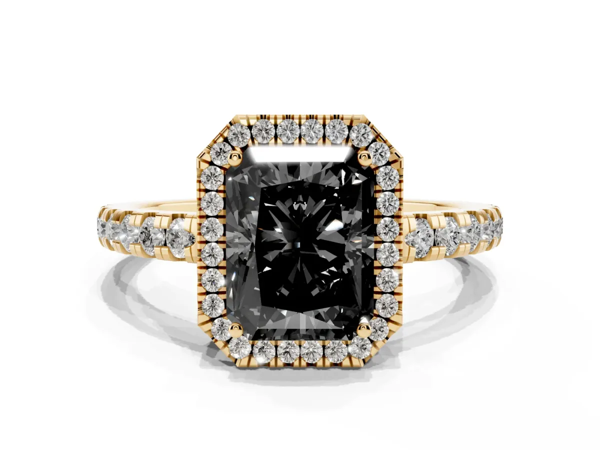 Fancy Black Radiant Cut Diamond Halo Ring with Pavé Band and Four-Prong Setting Yellow gold
