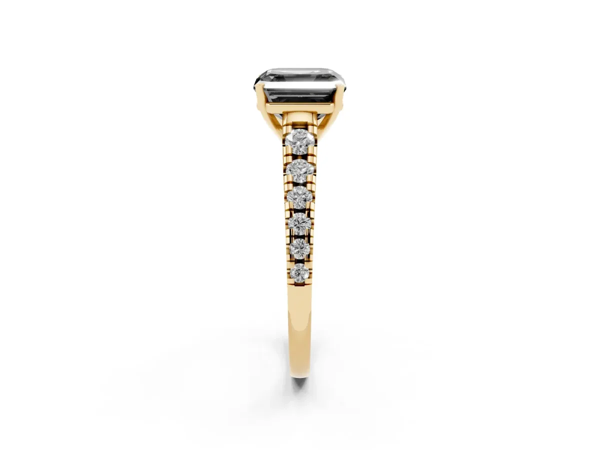 Fancy Black Asscher Cut Diamond Cathedral Solitaire Ring with Round Pavé Band Yellow gold
