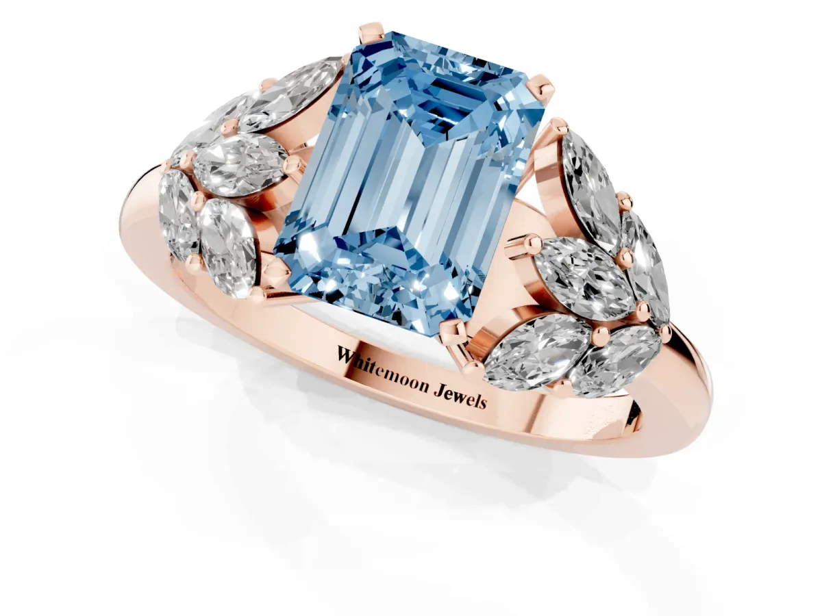 Fancy Blue Emerald Cut Diamond Cluster Leaf Design Ring with Prong Setting Rose gold