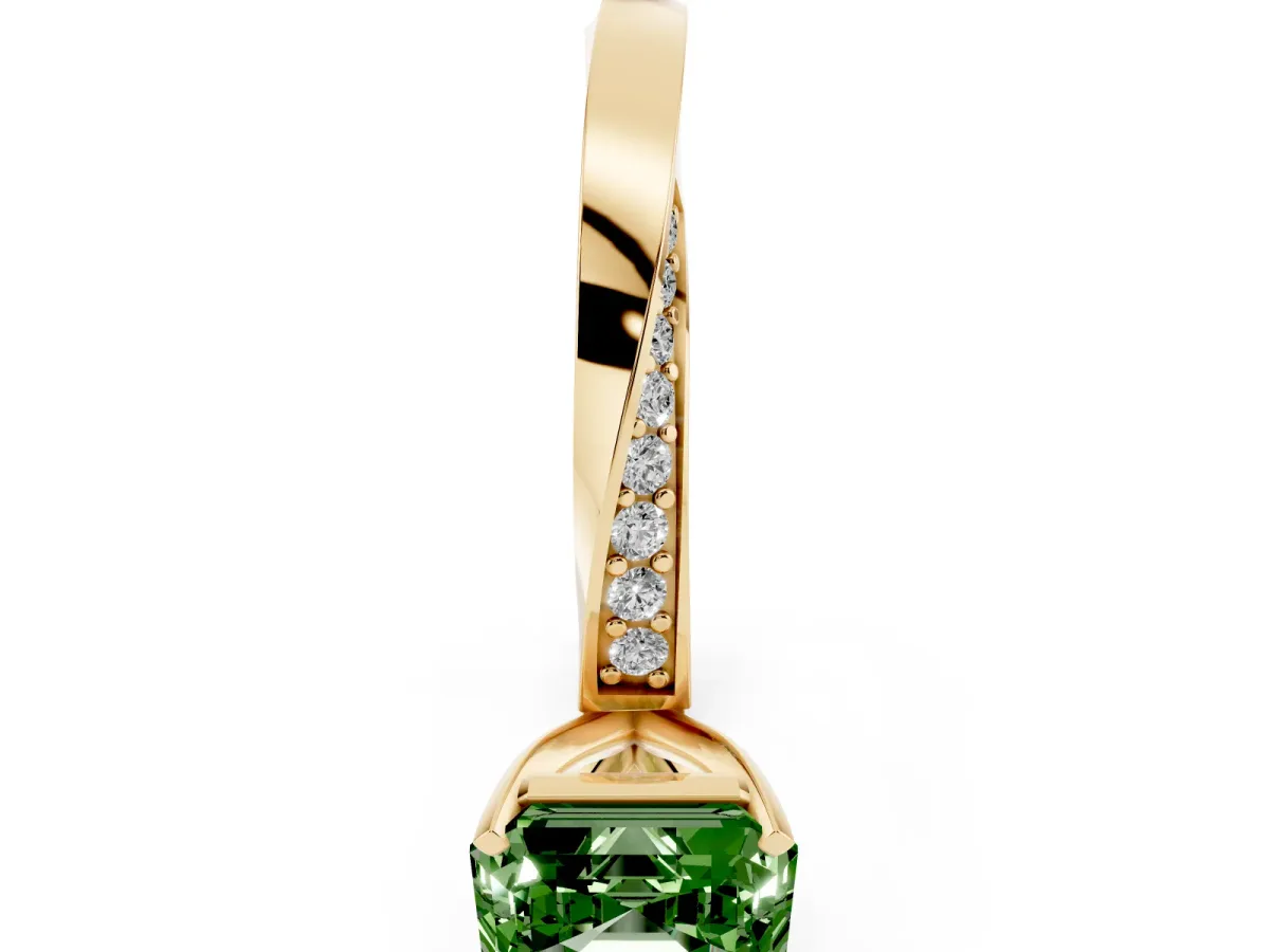 Fancy Green Asscher Cut Diamond Engagement Ring with Side Stone Accents and Four-Prong Setting Yellow gold