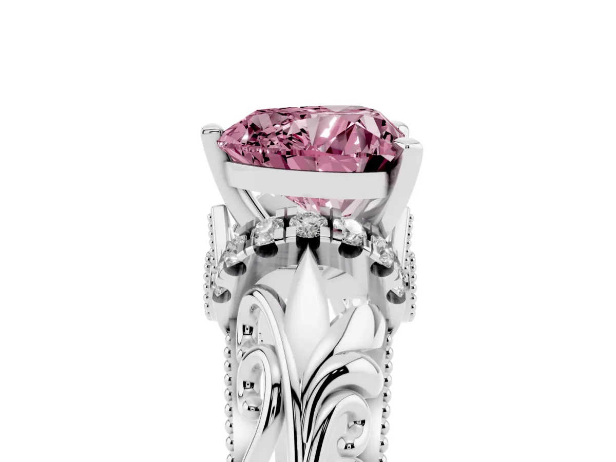 Fancy Pink Heart Cut Solitaire Filigree Engagement Ring with Halo and Prong Setting Platinum