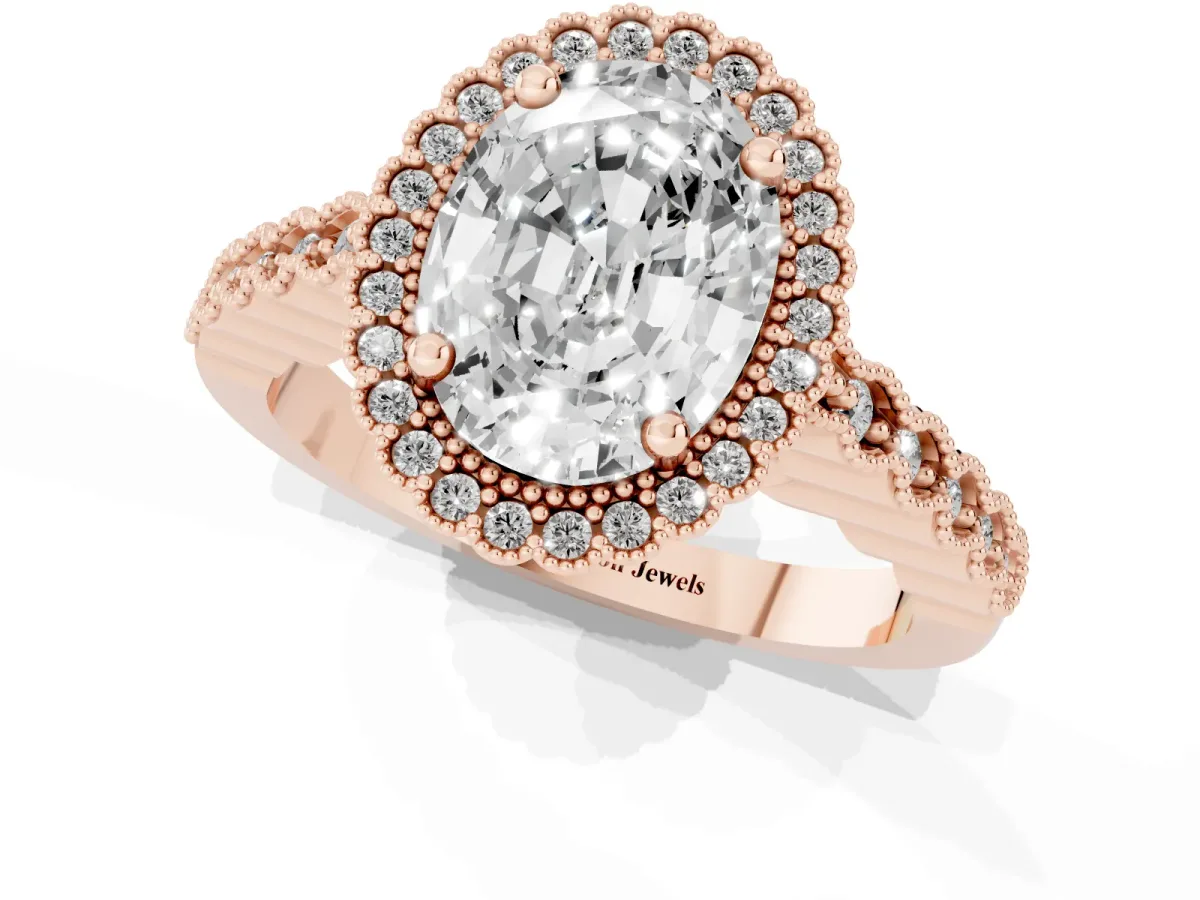 Oval Cut Cut Halo Pavé Solitaire Ring with Milgrain Band Rose gold