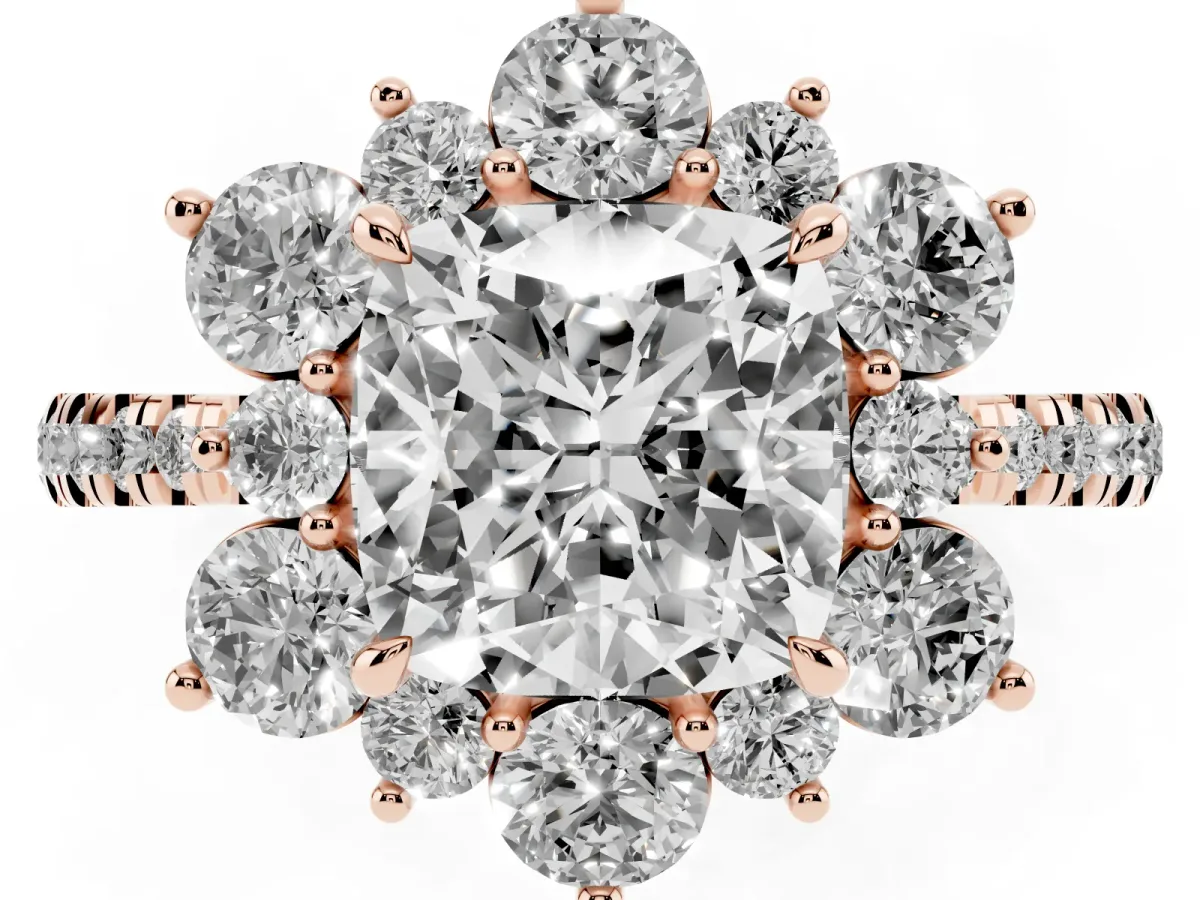 Cushion Cut Diamond Floral Halo Ring with Round Pavé Band and Prong Setting Rose gold