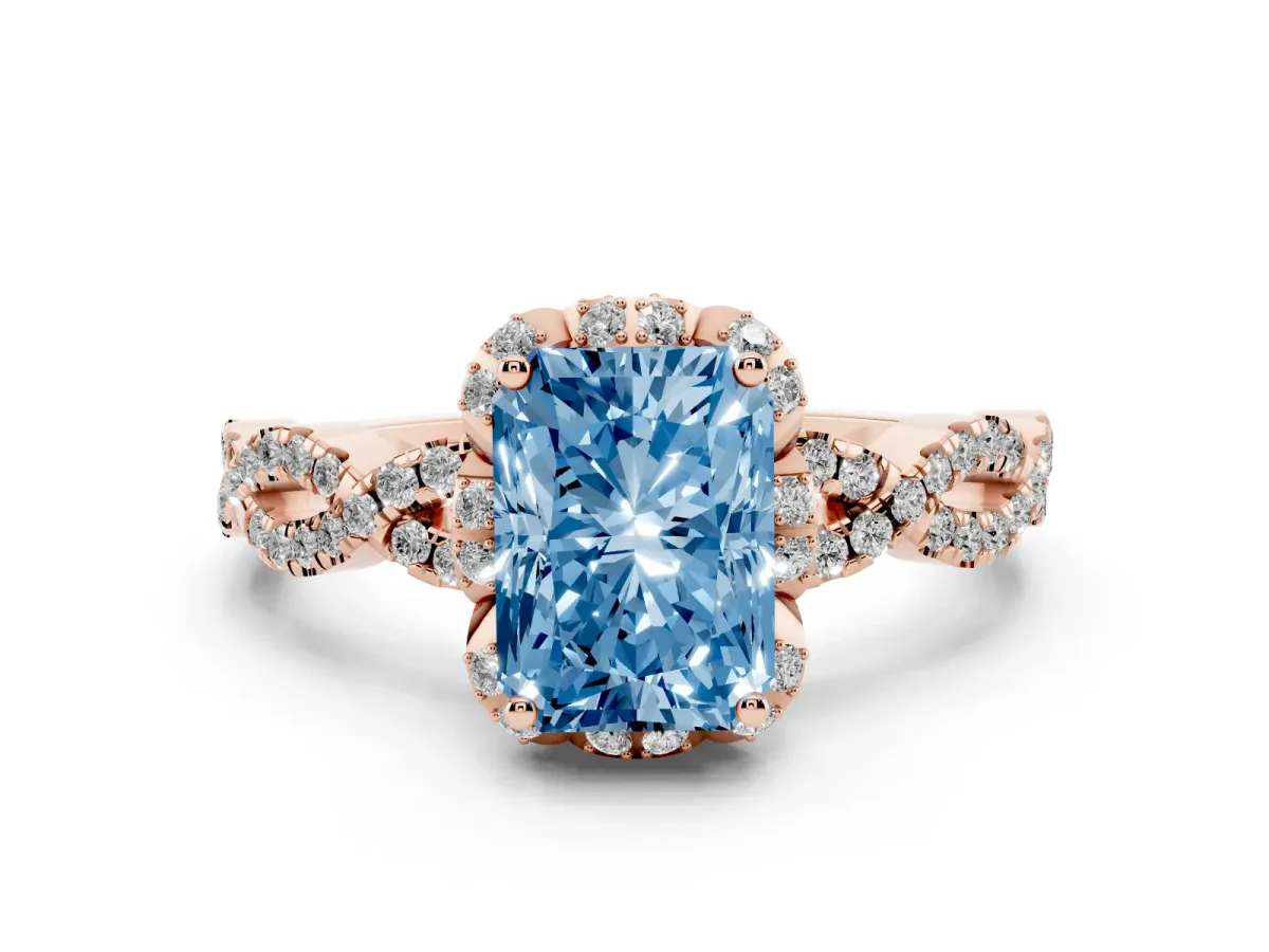 Fancy Blue Radiant Cut Halo Twist Band Solitaire Ring with Six-Prong Setting Rose gold