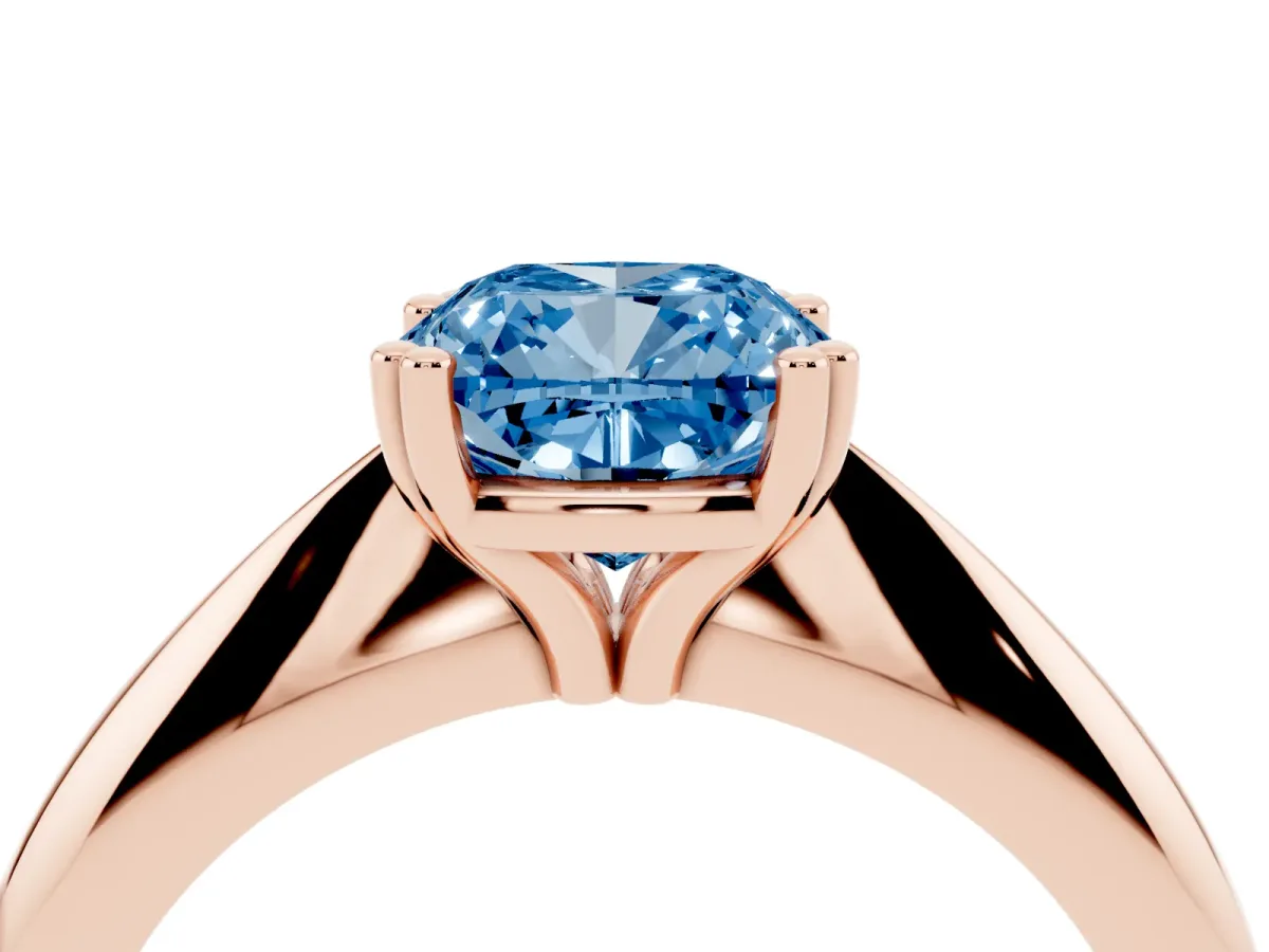Fancy Blue Cushion Cut Cut Solitaire Engagement Ring with Tapered Band and Four-Prong Setting Rose gold