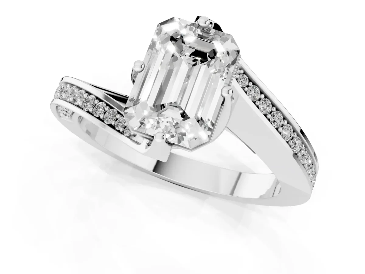 Emerald Cut Solitaire Diamond Twist Band with Pavé Setting and Four-Prong Setting Silver