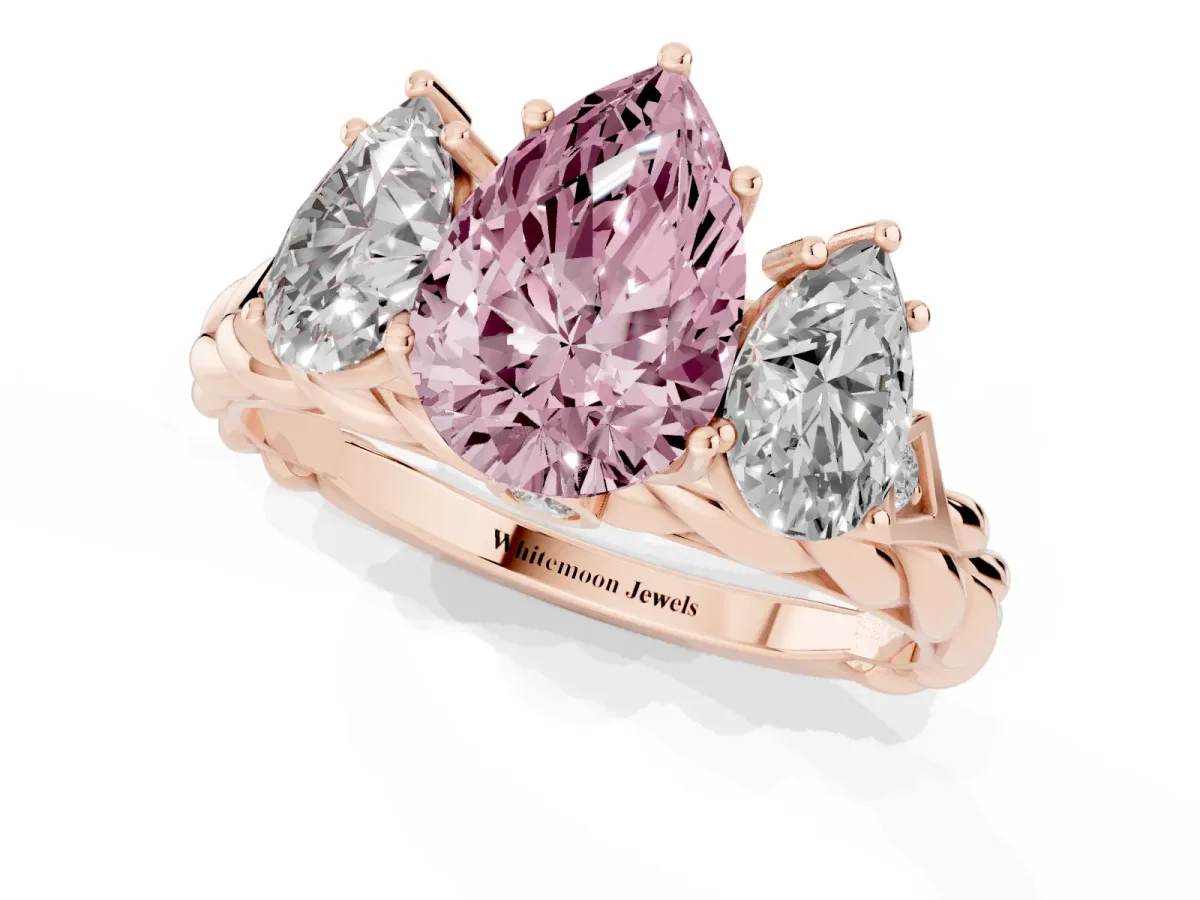Fancy Pink Three-Stone Pear Cut Diamond Braided Band Ring with Four-Prong Setting Rose gold
