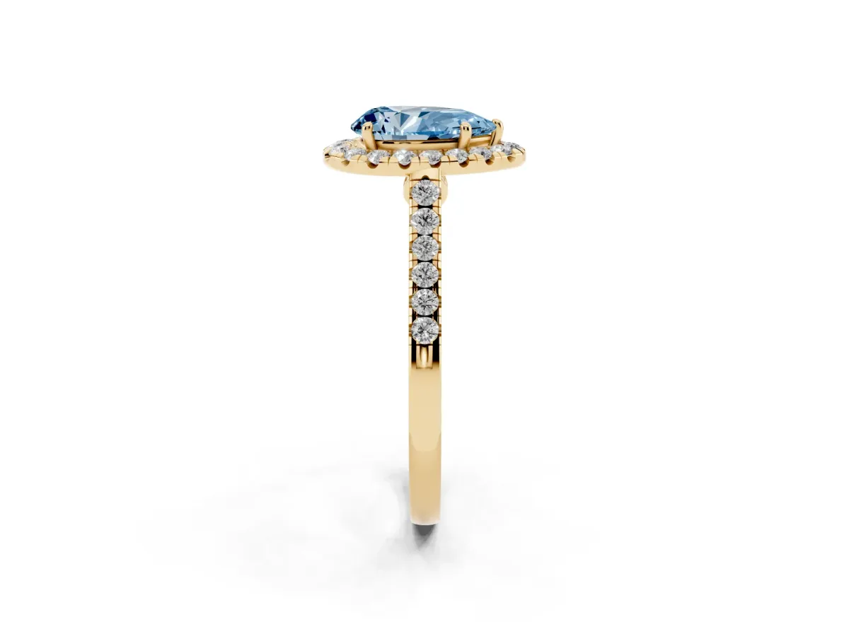 Fancy Blue Pear Cut Halo Pave Diamond Engagement Ring with Four-Prong Setting Yellow gold