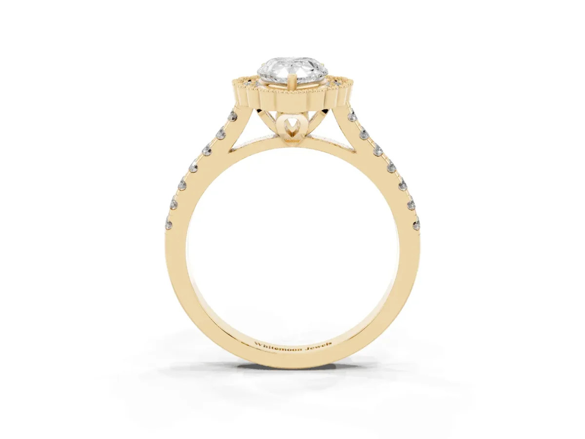 Pear Cut Cut Diamond Milgrain Floral Halo Engagement Ring with Pavé Band Yellow gold