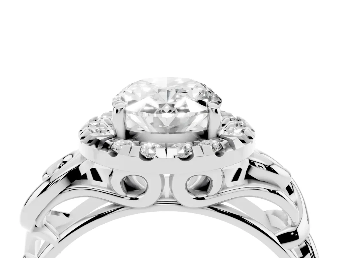 Oval Cut Cut Halo Diamond Ring with Scrollwork Band and Four-Prong Setting Silver