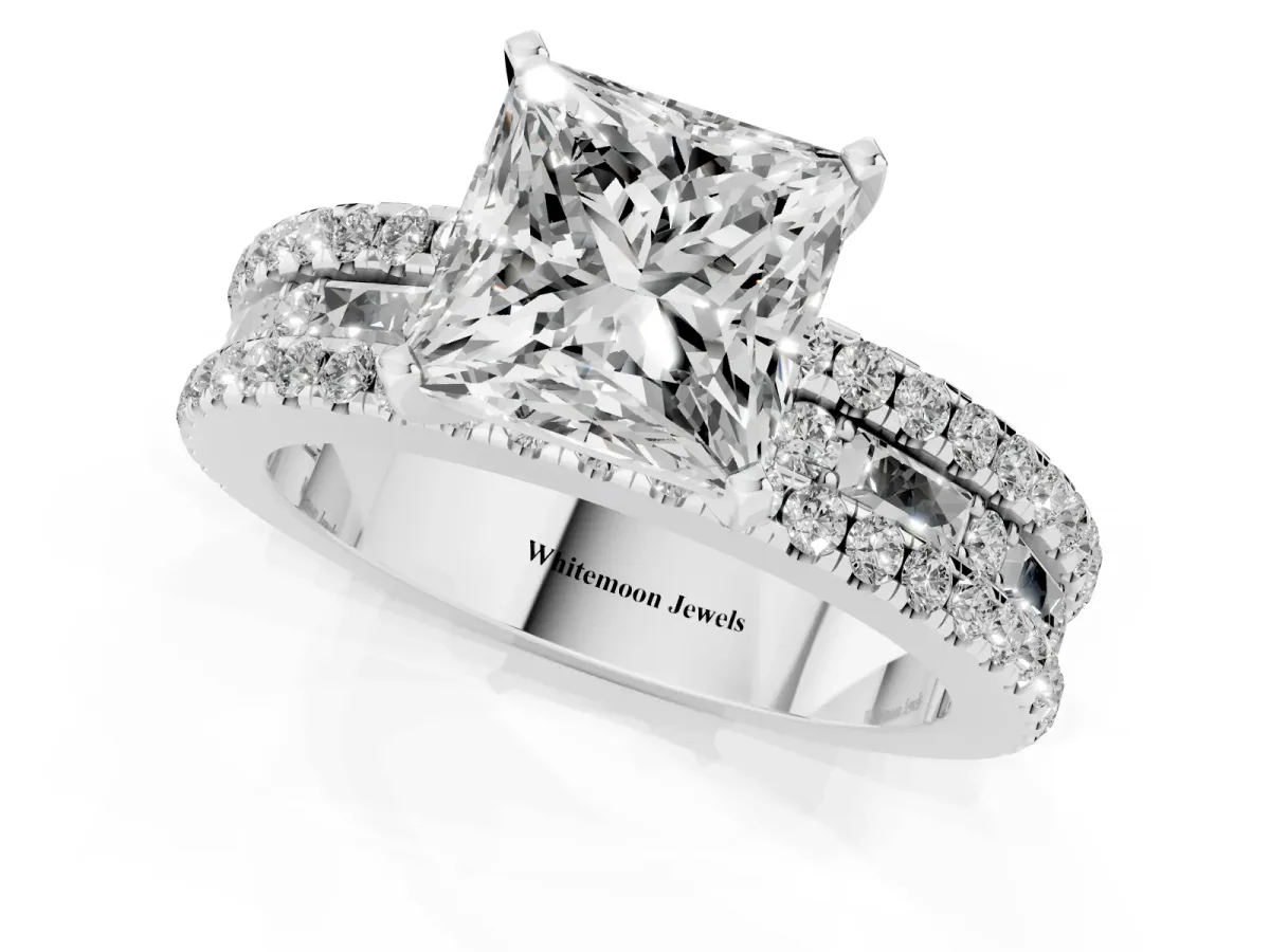 Princess Cut Diamond Solitaire Ring with Pavé and Channel Set Band Silver