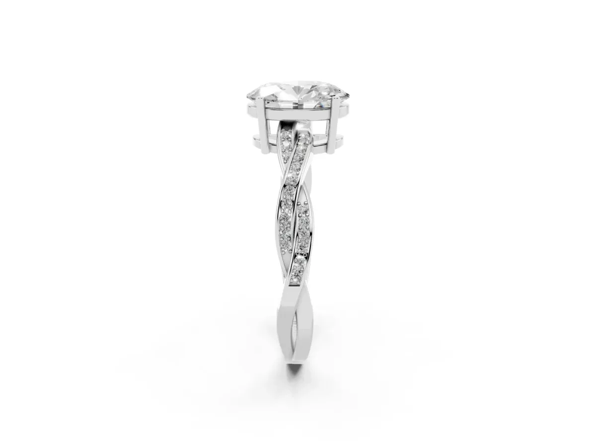 Oval Cut Solitaire Twisted Pave Diamond Ring with Four-Prong Setting Silver