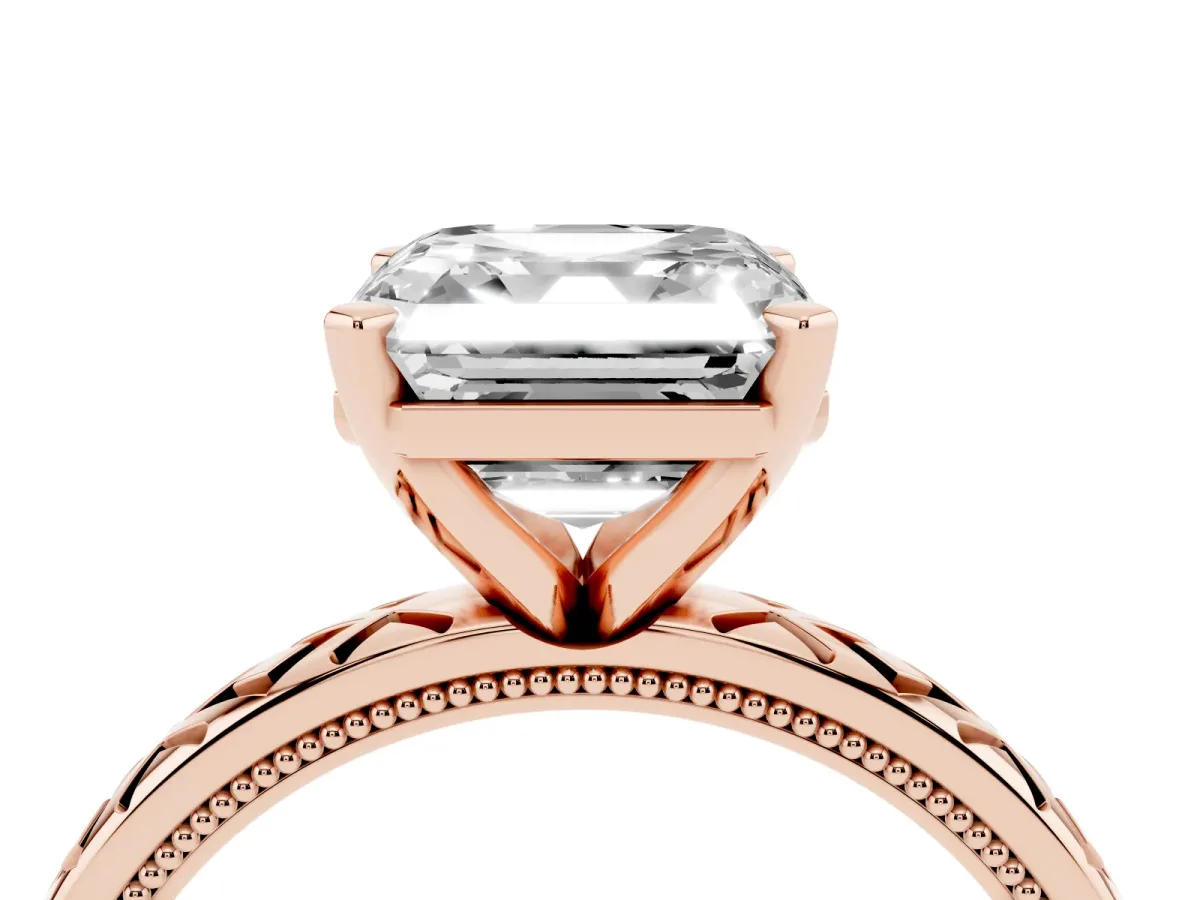 Asscher Cut Solitaire Diamond Ring with Milgrain and Black Enamel X Pattern Band Rose gold