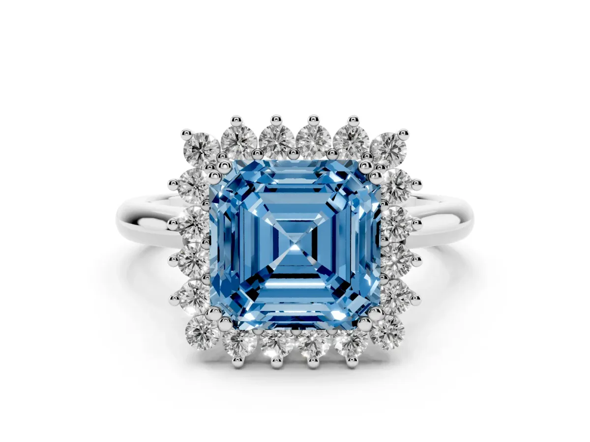Fancy Blue Asscher Cut Cut Diamond Halo Ring with Solitaire Band and Prong Setting Platinum