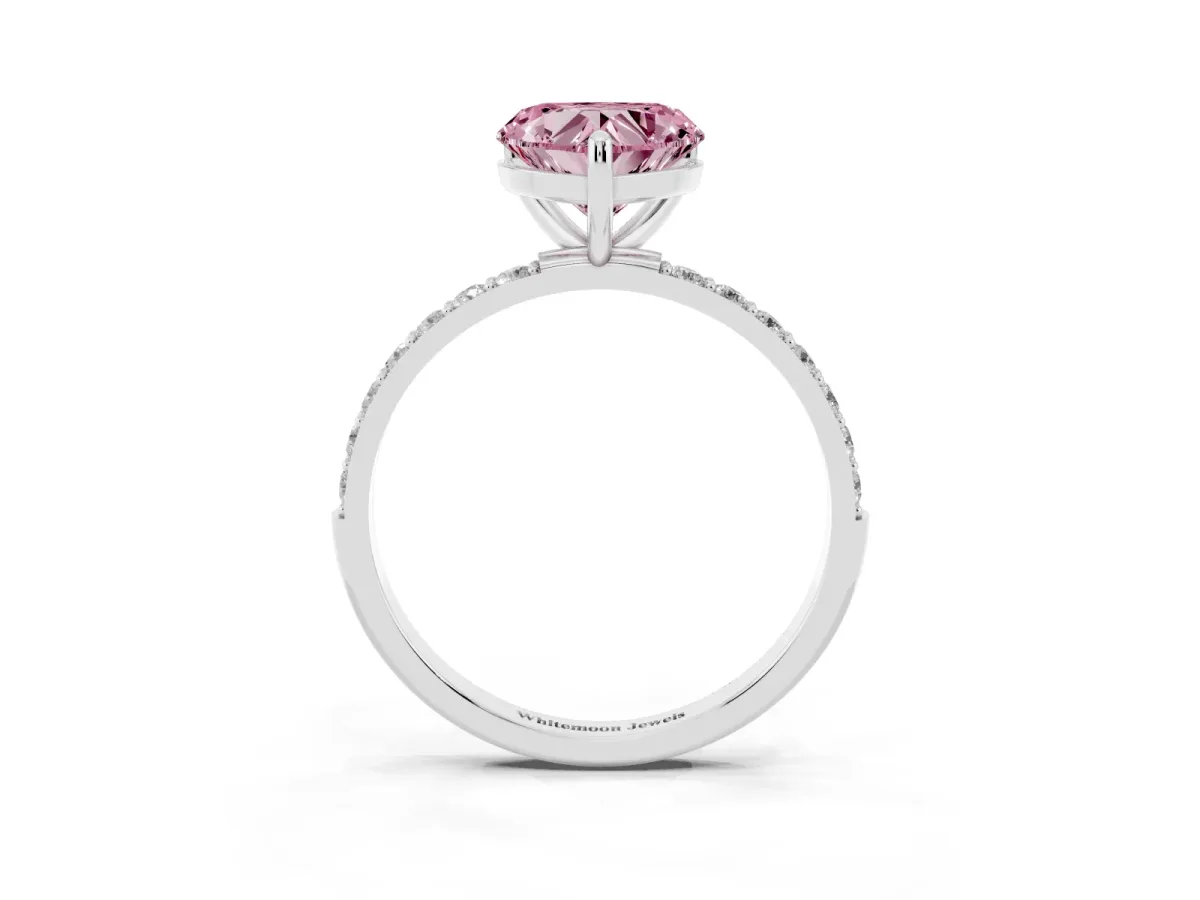 Fancy Pink Heart Cut Diamond Solitaire Ring with Round Pavé Band and Prong Setting Silver