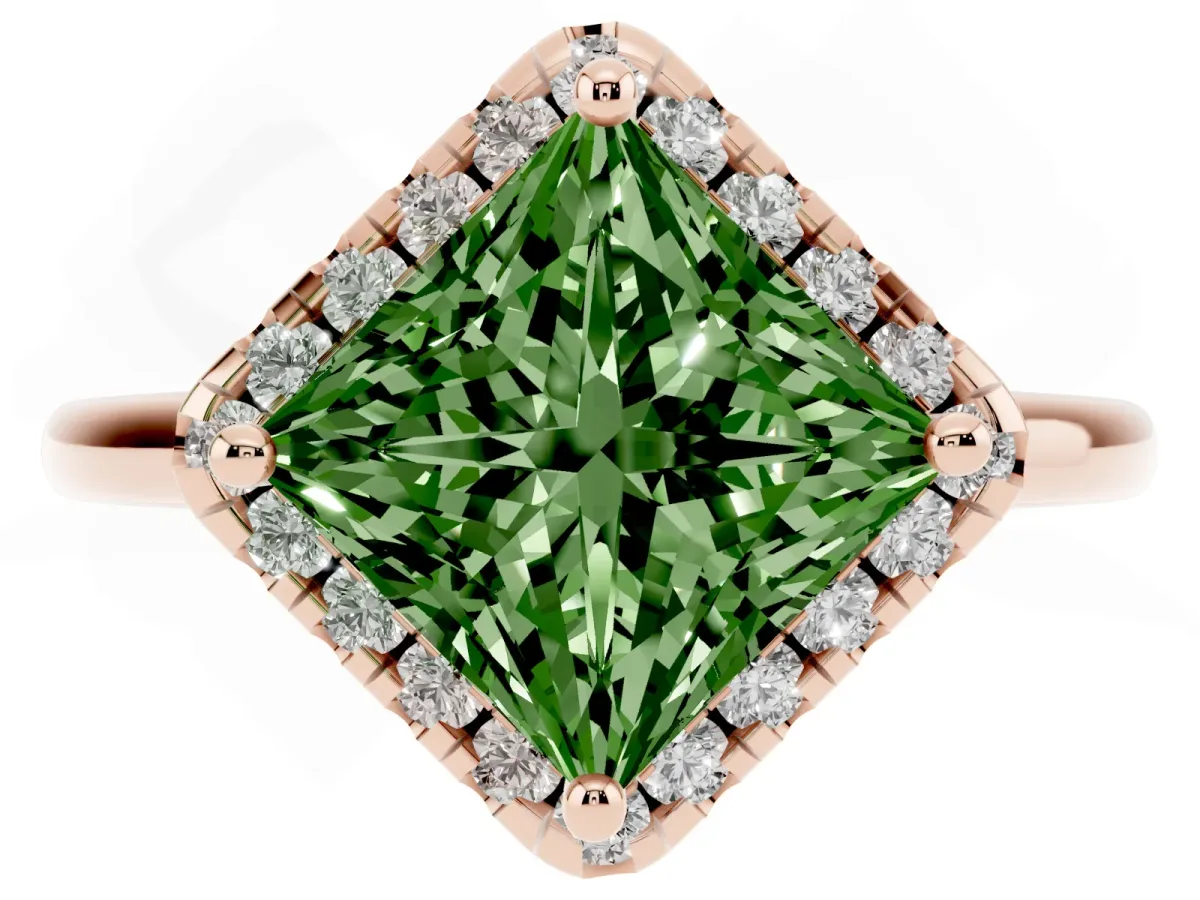 Fancy Green Princess Cut Halo Round Diamond Solitaire Engagement Ring with Pave Band and Four-Prong Setting Rose gold